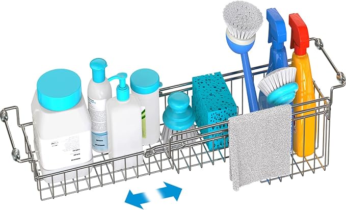 Over The Kitchen Sink Caddy Sponge Holder Organizer Drying Rack Expandable for Sponge Brush Soap Dish Cloth Rag Smaller 14.5" to 22", Stainless Steel - Image 5