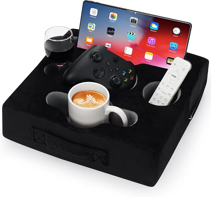 Couch Cup Holder Pillow Tray - Sofa Drink Cup Holder Cozy Buddy | Bed Caddy Organizer for Remote, Snacks Beverage, Phones, Tablet | Use it on Car, Pack, Beach, RV, Boat, Bedroom (Black) by STBoo