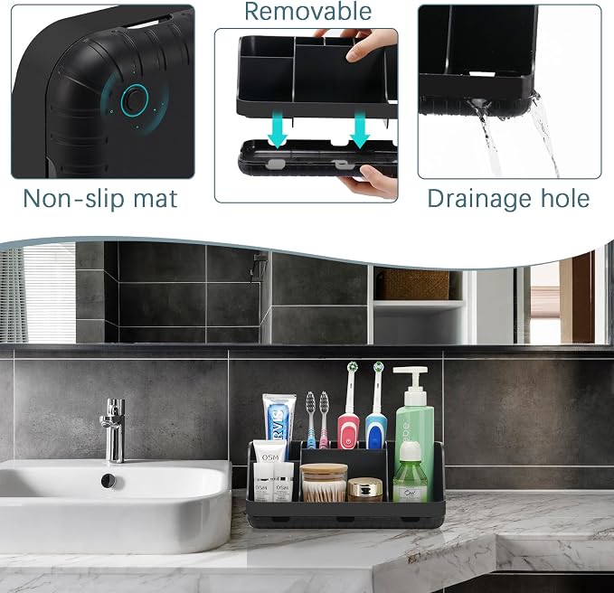 GFWARE Black Toothbrush Holder - 7 Slots Bathroom Organizer Countertop with Drainage Matte Black Electric Toothbrush and Toothpaste Holder for Bathroom Accessories Organization Vanity Sink Storage | Detachable 7 Slots Matte Black Kid Electric Toothbrus... - Image 3