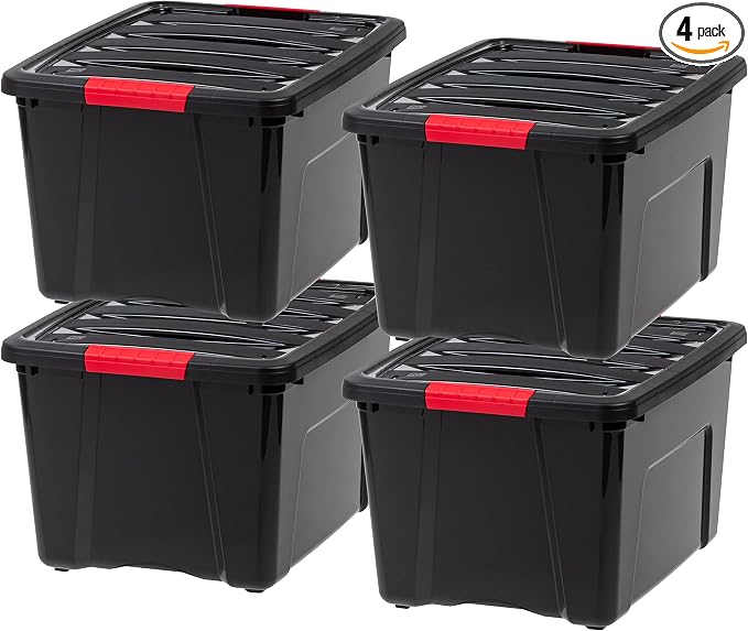 IRIS USA 4-Pack 40 Quart Storage Bins with Lids, Black | Black finish conceals stored items. Perfect for moving, blankets, clothing, and garage storage. Nestable design saves space by IRISUSA