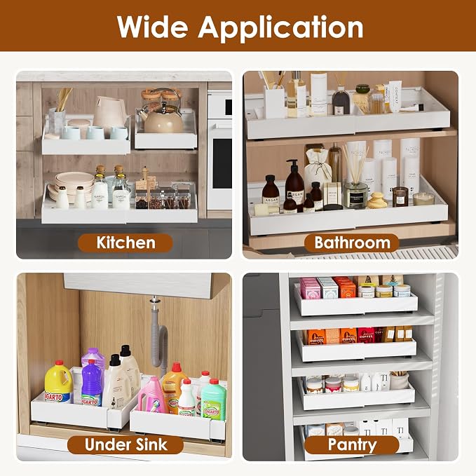 2 Pack Expandable Pull Out Cabinet Organizer 16.5" Deep, Adjustable Width 12.6"-20.5", No Drill Adhesive with Triple Track Rails, Heavy Duty Slide Out Drawers for Kitchen,Pantry,Cabinets,White - Image 6