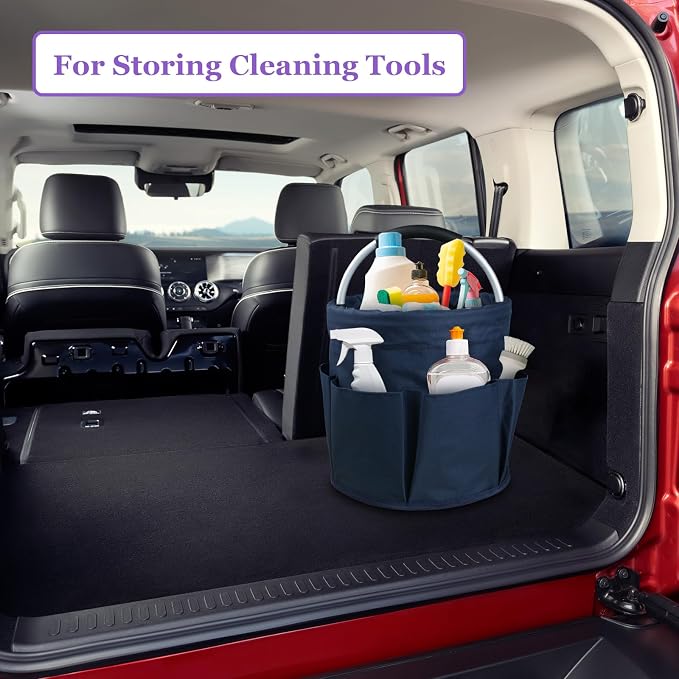 17L Cleaning Caddy with Handle, Portable Shower Caddy in 600D Oxford Fabric, Bucket Tool Organizer with 6 Side Pockets, Collapsible Storage Basket for Cleaning, Camping, Navy Blue - Image 9