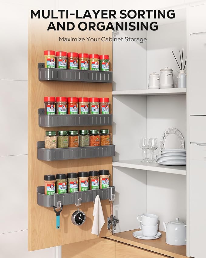 Nieifi Spice Rack Wall Mount, 4 Pack Grey, 2" Depth, Screw/Adhesive | Wall-Mounted with Removable Hooks Saves Counter Space, Fits 2" Deep Jars, Ideal for Kitchen Cabinets, Pantry Doors, and RVs - Image 2