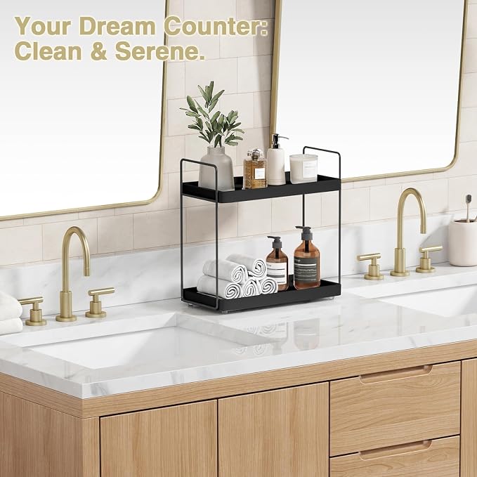 Forbena Black Bathroom Counter Organizer, Tiered Bathroom Organizer Countertop Tray, Corner Makeup Vanity Shelf Organizers and Storage for Men Perfume Skin Care Kitchen Sink Coffee Bar Station - Image 5