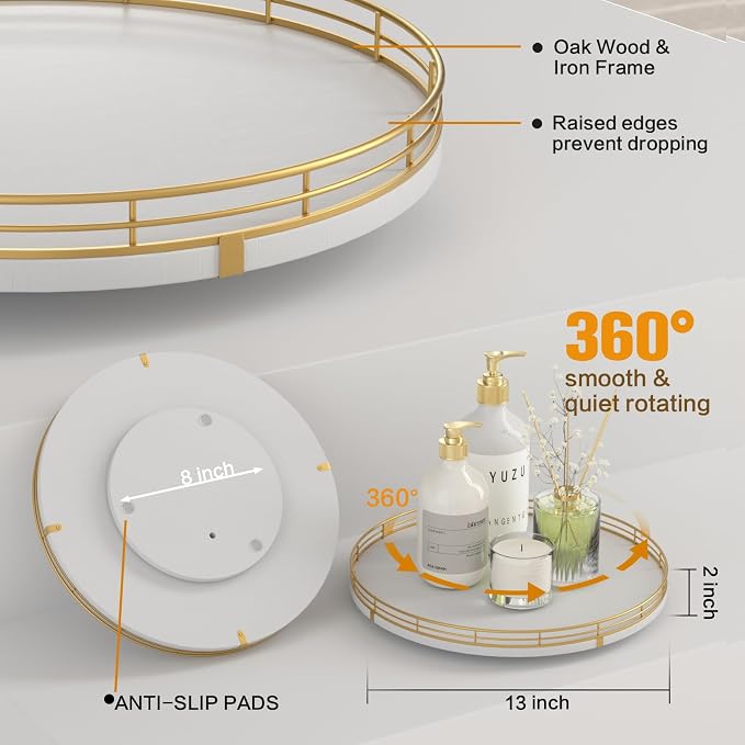 Oroyutor 13-Inch White and Gold Wooden Lazy Susan Spice Organizer | Rotating oak tray organizes spices, toiletries and decor on kitchen counters, bathroom vanities, dining and coffee tables. - Image 5