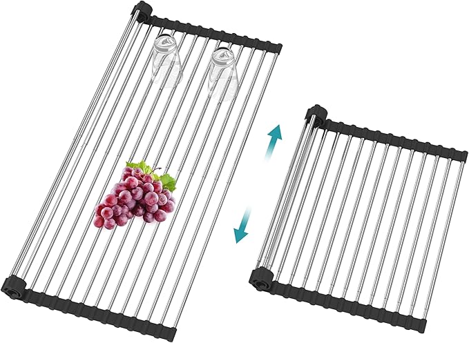 Extra Large Expandable Roll Up Dish Drying Rack,Over The Sink Drying Rack Sink Cover Kitchen Sink Accessories Kitchen Rolling up Stainless Steel Drainer, Foldable,Rollable（Black，22.8''-12.4''） by BBXTYLY
