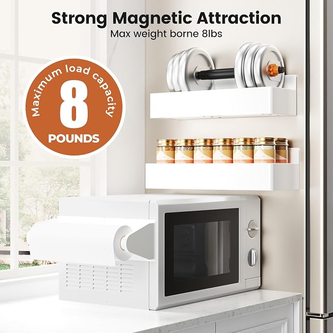 Mystozer Magnetic Spice Rack for Refrigerator,2 Pack Magnetic Shelf and 1Pack Paper Towel Holder and 1 Pack Utensils Rack,Fridge Organizers and Storage White(4 Pack) - Image 4