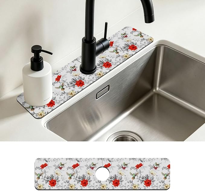 Faucet Mat for Kitchen Sink Poppy Flowers Watercolor Sink Splash Guard Behind Faucet Soft Diatom Mud Material Non-slip Easy to Clean for Bathroom & Kitchen 24"X5.5" by Unknown