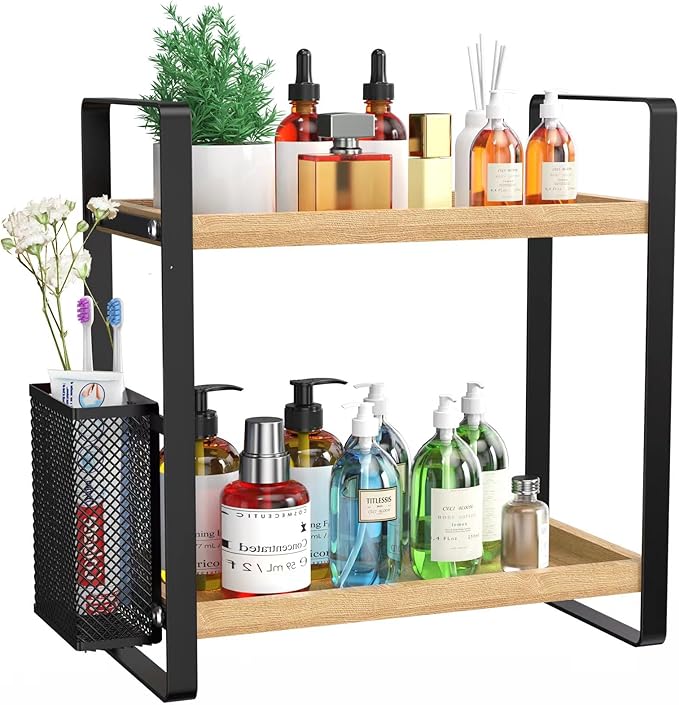 2-Tier Wood Bathroom Counter Organizer with Basket,Waterproof Vanity Perfume Skincare Storage for Bathroom, Kitchen, Dresser by LemikkleDirect