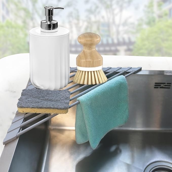 Corner Sink Caddy Kitchen Sink Organizer, Silicone Wrapped Triangle Roll Up Dish Drying Rack Over Sink Drainer Mat, Anti-Slip Sponge Holder Corner Shelf for RV Kitchen Sink Accessories Counter Storage by SeropyDirect