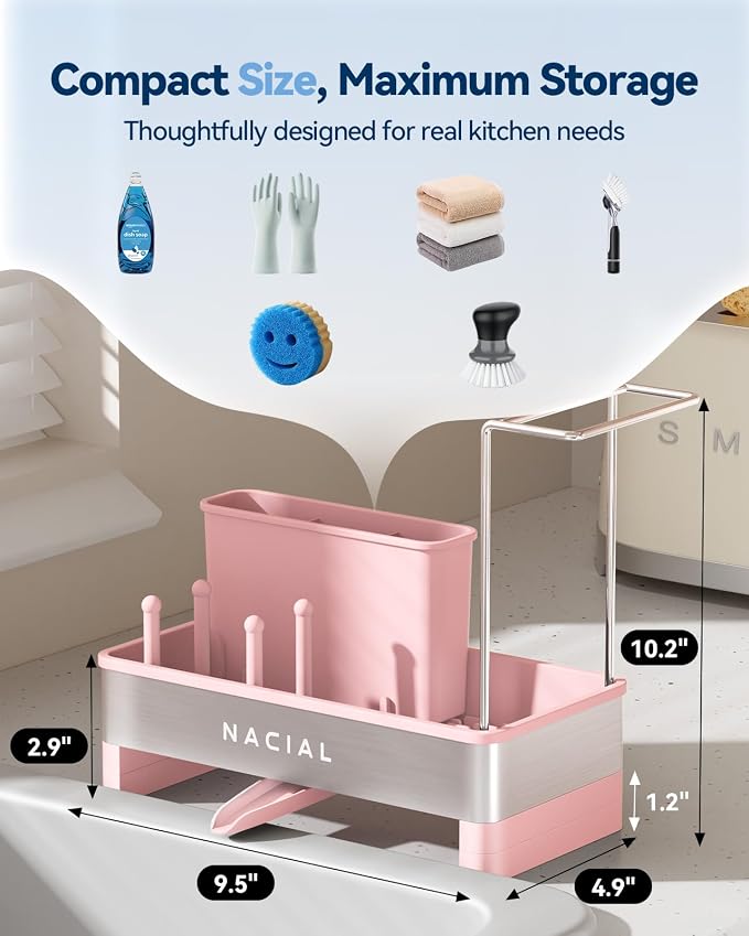 Nacial Kitchen Sink Organizer, Sink Caddy with Sponge & Tall Brush Holder | 304 Stainless Steel Kitchen Countertop Organizer with Double-Bar Towel Holder, Stores Sponge, Brush, Towel & Sink Essentials - Image 2