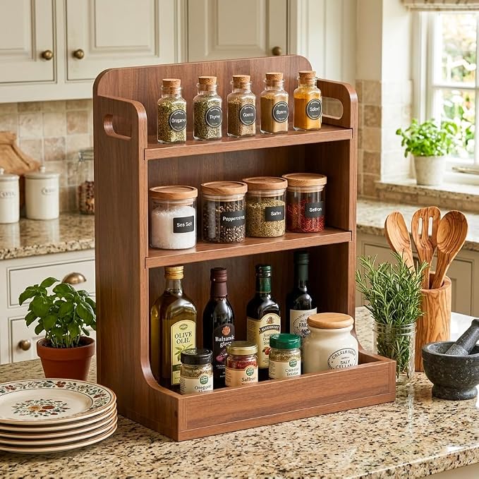Solid Wood 3-Tier Spice Rack Countertop Organizer Kitchen Storage Shelf | Sturdy wood desktop shelf for spices, coffee bars & bathroom vanities. Features portable handles & full back stability. by RICHTOER
