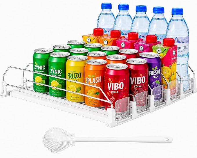 Drink Organizer for Fridge with Cleaning Brush, Soda Can Dispenser for Refrigerator, Automatic Drink Dispenser for Fridge Holds up to 25 Cans, 5 Row Adjustable Organizer with Smooth Pusher Glide White by Unknown