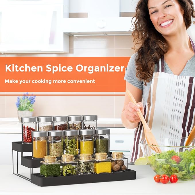 Expandable Spice Rack Organizer - 3 Tier Adjustable Spice Organizer for Cabinet & Countertop - Easy Visibility - Black - Image 8