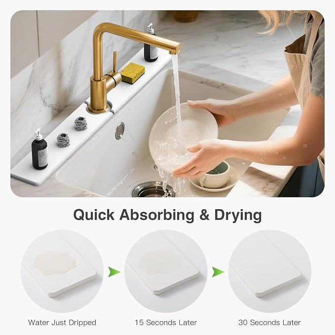 Premium Stone Faucet Mat for Kitchen Sink, 30" x 4" White | Quick Drying & Water Absorbent, Sink Splash Guard Tray for Prevents Moisture Buildup - Image 3