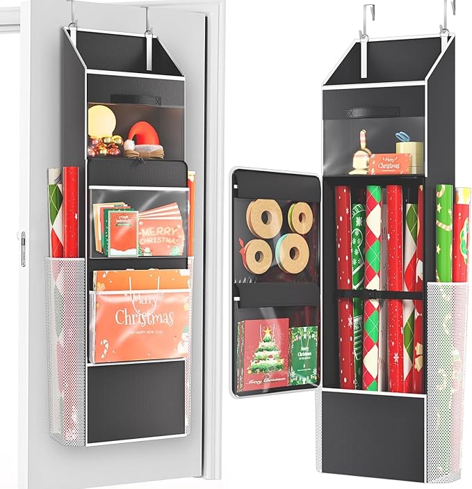 2-in-1 Wrapping Paper Organizer Storage, Over Door or Under Bed Organizer with Removable Drawer & 4 Clear Pockets Wrap Storage for Ribbons, Bows, Ornament and Other Tools by Ofiray-home