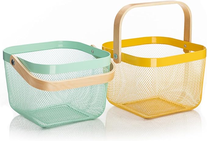 AJIODA Metal Mesh Steel Basket, Storage Organizer Basket Multi-functional Hanging Kitchen Baskets Fruit Basket with Wooden Handle for Kitchen Bathroom Picnic Shopping Decor Cabinet Home, Macaron Blue - Image 7