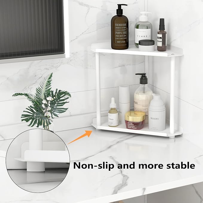 FLE Corner Bathroom Counter Organizer, Bathroom Organizer Countertop White | 2 Tier Corner Shelf, Tabletop Mount,Waterproof Solid Shelf Fits Bathroom Toiletries and Kitchen Condiment Storage - Image 3