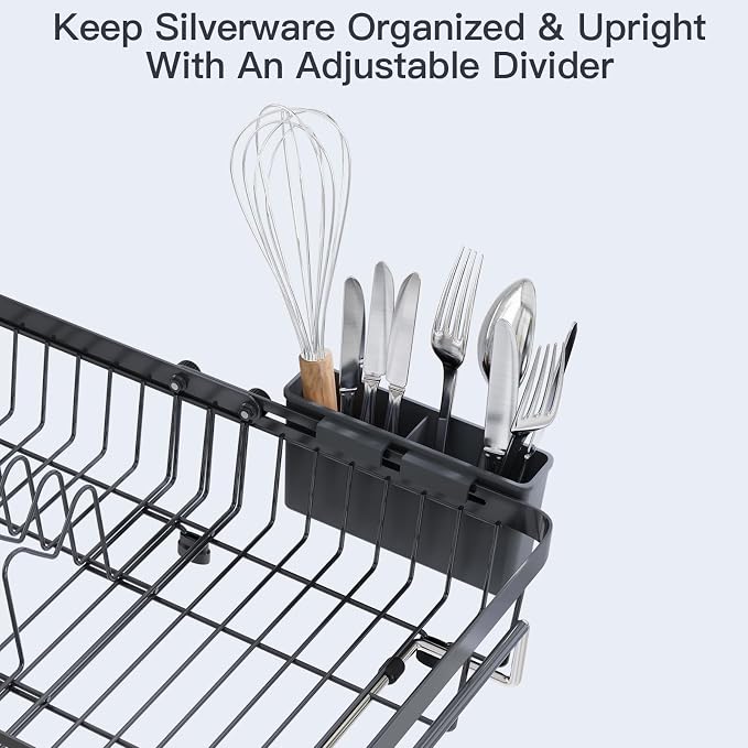 Grey Dish Drying Rack Over The Sink with Utensil Holder, Mat | Expandable Stainless Steel Dish Drainer for Small Kitchen, Apartment, RV, Counter Space Saving, Perfect Fit, Rustproof - Image 9