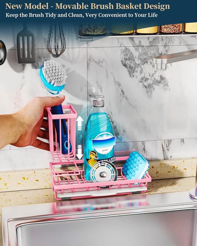 Consumest Sponge Holder for Kitchen Sink - Kitchen Sink Caddy Organizer with Removable Drip Tray for Countertop Dish Soap Dispenser Brush Storage Accessories 304 Stainless Steel, Pink - Image 2