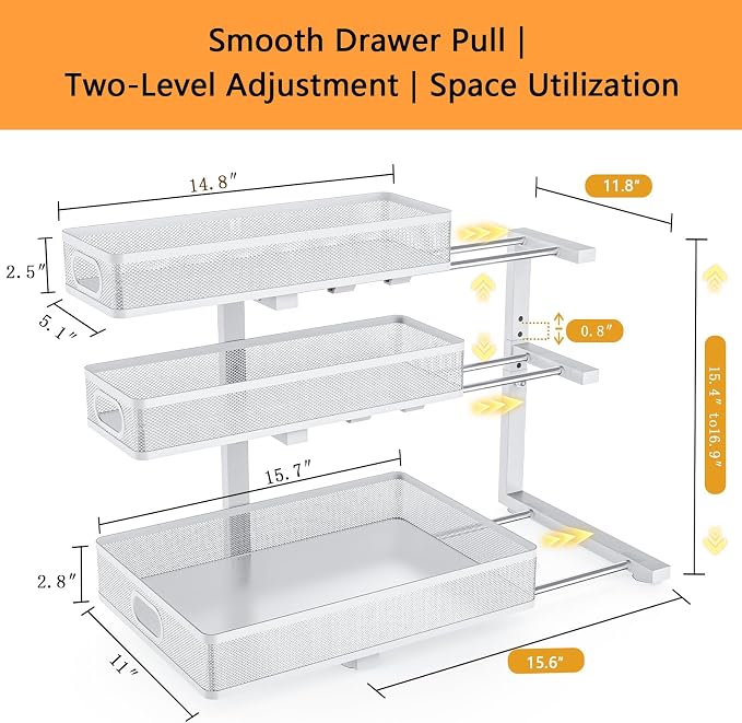 Under Sink Organizer, 2-Pack 3-tier Under Sink Storage Organizer Adjustable Height Easy Assembly Pull Out Cabinet Organizers Basket for Bathroom Kitchen Pantry Home Organization - Image 2