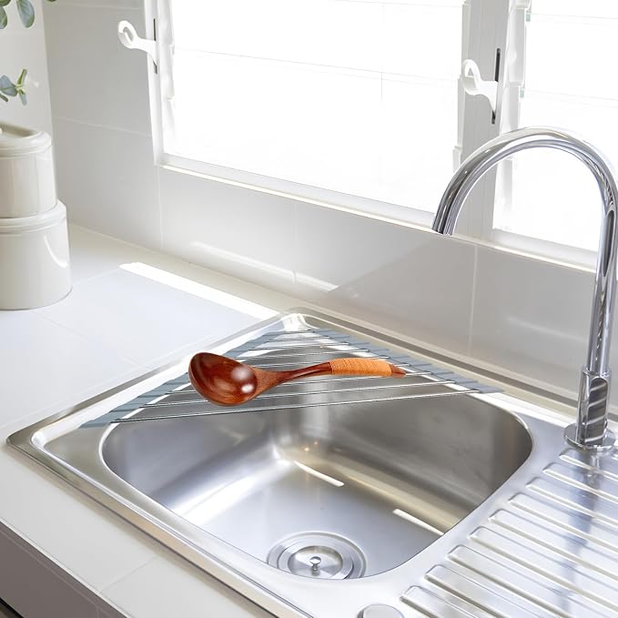 Triangle Roll-Up Dish Drying Rack | 304 Stainless Steel, Folding, Over Sink Mat Drainer, Kitchen Sink Organizer, Right-Angle Drainer, Sink Drain Basket - Image 4