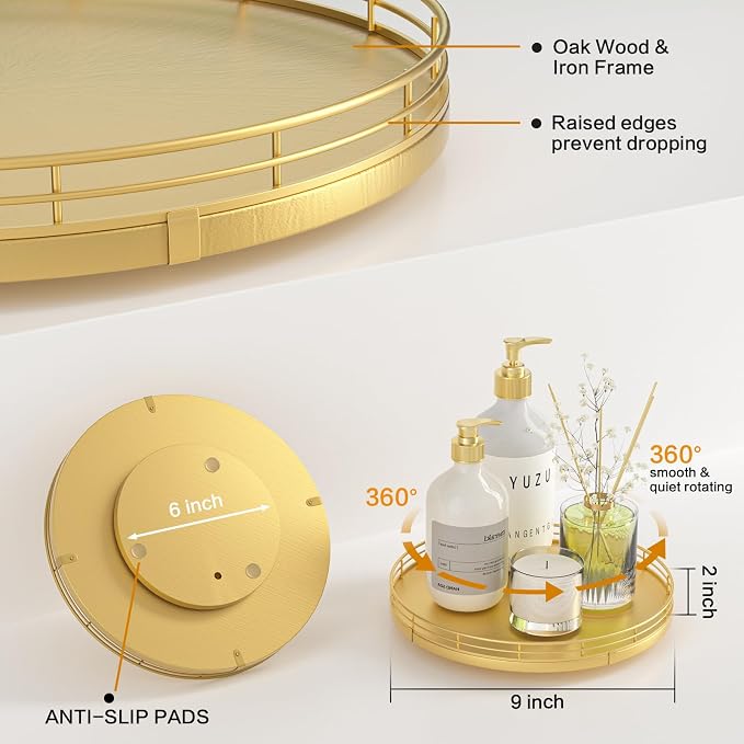 Oroyutor 9-Inch Oak Lazy Susan Vanity Tray with Gold Metal Rail | Rotating oak tray organizes spices, toiletries and decor on kitchen counters, bathroom vanities, dining and coffee tables. - Image 2