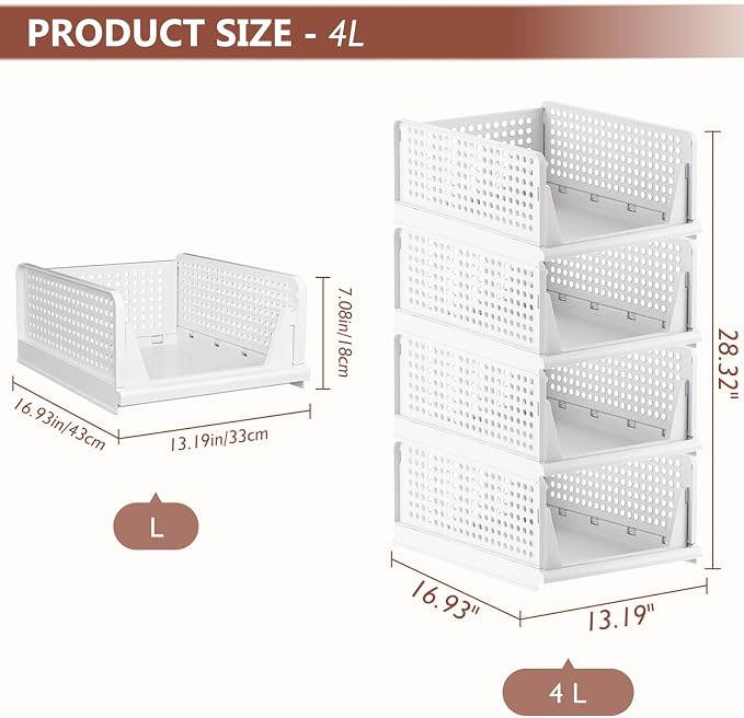4 Pack Folding Closet Organizers Storage Box, Stackable Storage Bins, Plastic Drawer Basket Closet Storage for Wardrobe Cupboard Kitchen Bathroom Office White-4L | White Stackable Plastic Drawer Bins for Closets, Wardrobes, Kitchens, Bathrooms, Offices - Image 3
