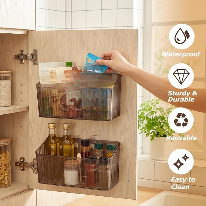7 Pack Cabinet Door Organizer Adhesive Wall Mount Storage Bins Makeup Containers Stackable Organizer Basket for Kitchen Cabinets, Bathroom, Pantry, Office, Refrigerator (Frosted Gray) - Image 5