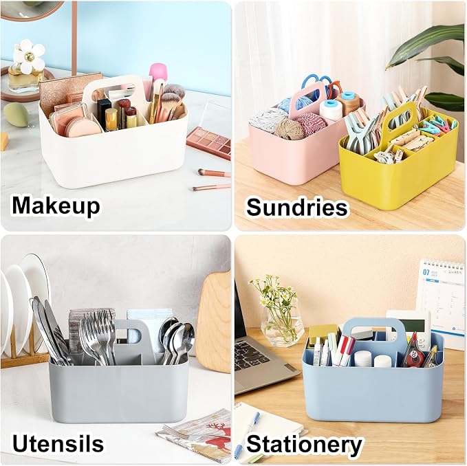 Multiuse Caddy Organizer with Handle, Portable Divided Plastic Tote Bin - Art Craft, Stationary Pen Marker Crayons, Makeup Hair Supplies Storage - Bathroom, Classroom, Dorm, Office, Desk Holder -White - Image 2