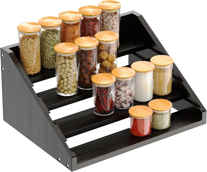 Solid Wood Spice Rack Organizer for Countertop & Cabinet, 4 Tier Adjustable Wooden Spice Shelf with Sliding Track, Premium Step Seasoning Bottle Holder for Kitchen, Cupboard, Pantry & Office, Black by YUELGUANG
