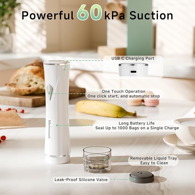 Compact Handheld Vacuum Sealer for Food with 30 Reusable Bags | Powerful 60 kPa suction, Keeps food fresh up to 6X longer, Cordless handheld design, Ideal for meal prep and food storage - Image 3
