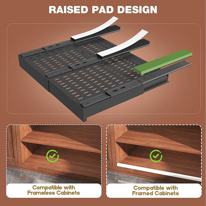 Seinloes 4 Pack Pull Out Cabinet Organizer Expandable Width(15"-25") and Depth(17"-24"),Slide Out Drawers With Raising Pad for Framed Cabinets,No Drill Roll Out Shelves for Kitchen,Bathroom,Black - Image 5