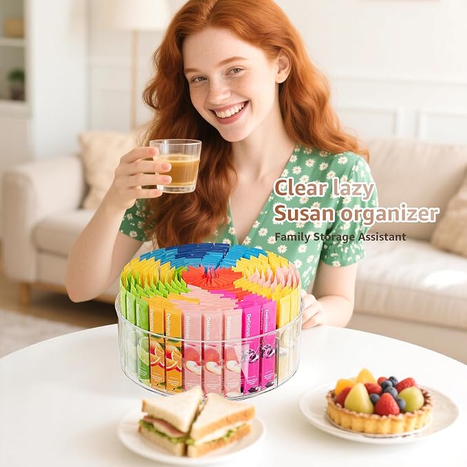Divided Drink Packet Organizer, Largr Rotating Clear Lazy Susan Turntable | for Powdered Drink Mix, Water Drink Packet Holder, Water Flavor Packet, Coffee, Tea – Space-Saving Countertop Organizer - Image 5