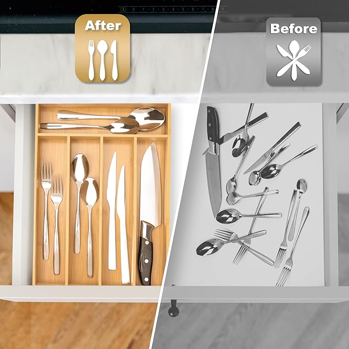 Besilord Silverware Organizer Kitchen Drawer Organizer Utensil Organizer Bamboo Silverware Holder Cutlery Organizer in Drawer Flatware Organizer Tray(5 slots, Natural - Image 4