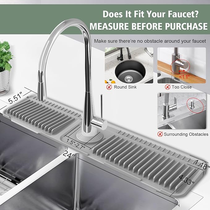 24-Inch Kitchen Sink Splash Guard Mat | 7° Slope for Fast Self-Draining | Snap-Lock Design | Universal & Cuttable Silicone Faucet Mat Gray - Image 3