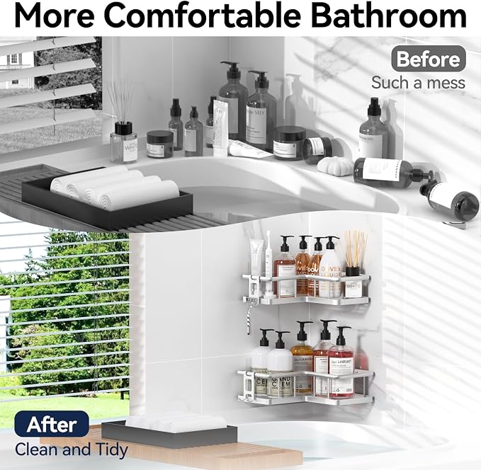 Corner Shower Caddy Adhesive, 100% Rustproof Shower Organizer, No Drill Shower Shelf for Inside Shower, Wall-Mounted Shower Storage for Homes (2 Pack, Silver) - Image 8