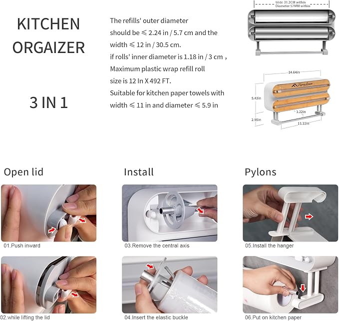 APSARAS USA Magnetic Plastic Wrap Dispenser with Cutter, 3 in 1 Aluminum Foil wrap Organizer, Practical Refillable Cling Wrap Film Cutter, Wall Mount Kitchen Wrap Dispenser, Include 2 * 12" Rolls - Image 2