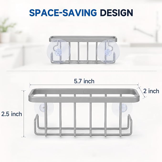 Sponge Holder for Kitchen Sink - Rustproof Coated Sink Caddy with 2 Side Hooks | Heavy Duty Suction Cup In-Sink Organizer for sponge, Scrubber & Stopper, Silver - Image 2
