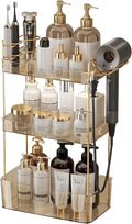 Akinbas 3 Tier Bathroom Organizer Countertop Makeup Perfume Tray Skincare Organizer Comes with Hair Dryer Rack and Toothbrush Holder for Bathroom Dresser Vanity (Gold) by AKINBAS