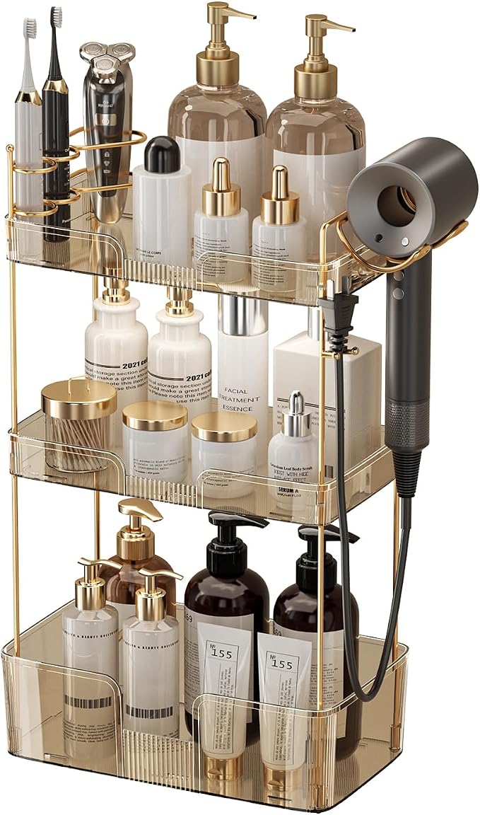 Akinbas 3 Tier Bathroom Organizer Countertop Makeup Perfume Tray Skincare Organizer Comes with Hair Dryer Rack and Toothbrush Holder for Bathroom Dresser Vanity (Gold) by AKINBAS