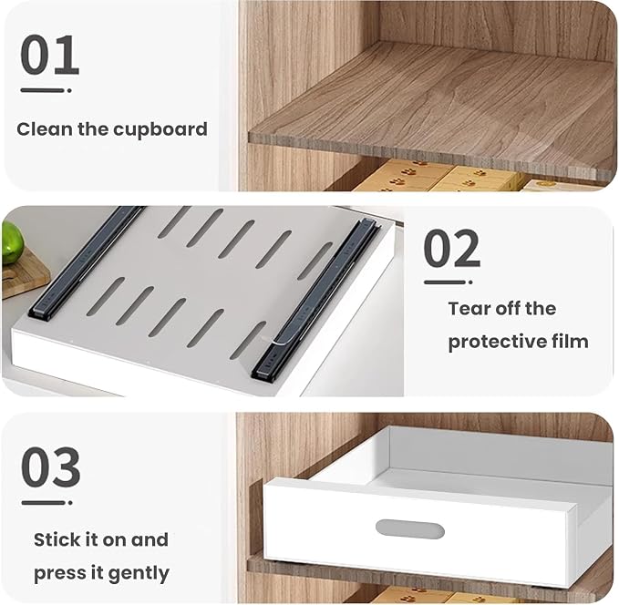 2 Pack Pull Out Cabinet Organizer Adhesive, 10" Wide 16.9" Deep Pull out Drawers for Face Frame or Frameless Cabinets, No Drill Heavy Duty Carbon Steel Drawer, Pantry Cabinet Shelf - Image 3