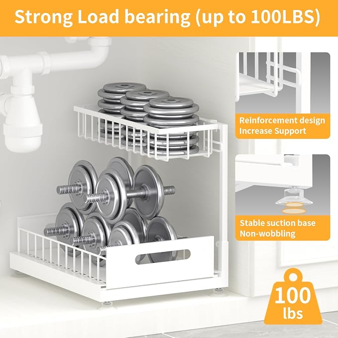 2-Pack L-Shaped Under Sink Organizer, 2-Tier Pull-out Cabinet Rack | White Height-Adjustable Steel Rack, Sliding Grid Drawers with PP Liners, Holds 100 Lbs, Suction Base, Ideal Kitchen Storage - Image 4