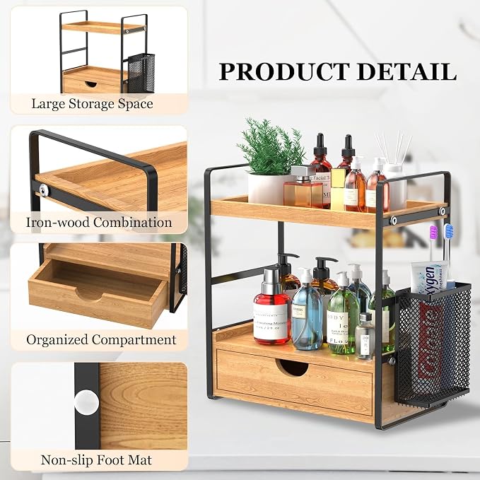Bathroom Counter Organizer with Drawer and Basket,Wood Countertop Organizer for Bathroom Decor Makeup Tray for Perfume Skincare Bedroom Kitchen Corner - Image 4