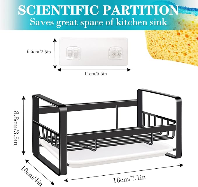 VANTEN Kitchen Sink Caddy Sponge Holder Organizer, Sink Tray Drainer Rack, Soap Dish Dispenser Brush Holder Storage Accessories - Countertop or Adhesive Wall Mount, Matte Black Stainless Steel - Image 5