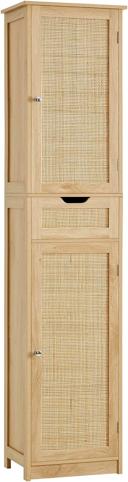 Iwell Tall Narrow Storage Cabinet with Doors, Rattan Cabinet with Adjustable Shelves, Freestanding Linen Storage for Living Room, Entryway, Kitchen, Bathroom, Natural by IWELL