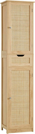 Iwell Tall Narrow Storage Cabinet with Doors, Rattan Cabinet with Adjustable Shelves, Freestanding Linen Storage for Living Room, Entryway, Kitchen, Bathroom, Natural by IWELL