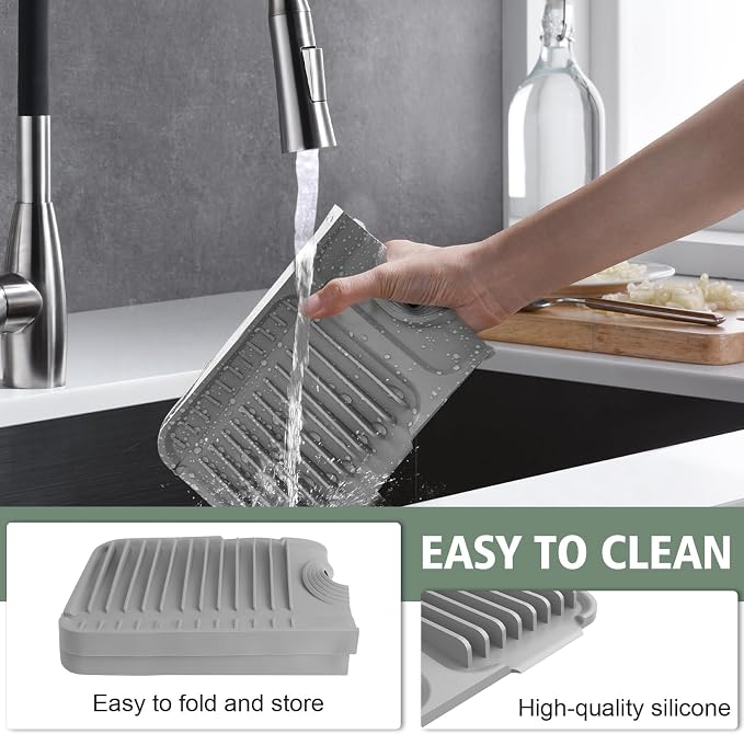 17.7-Inch Kitchen Sink Splash Guard Mat | 7° Slope for Fast Self-Draining | Snap-Lock Design | Universal & Cuttable Silicone Faucet Mat Gray - Image 7