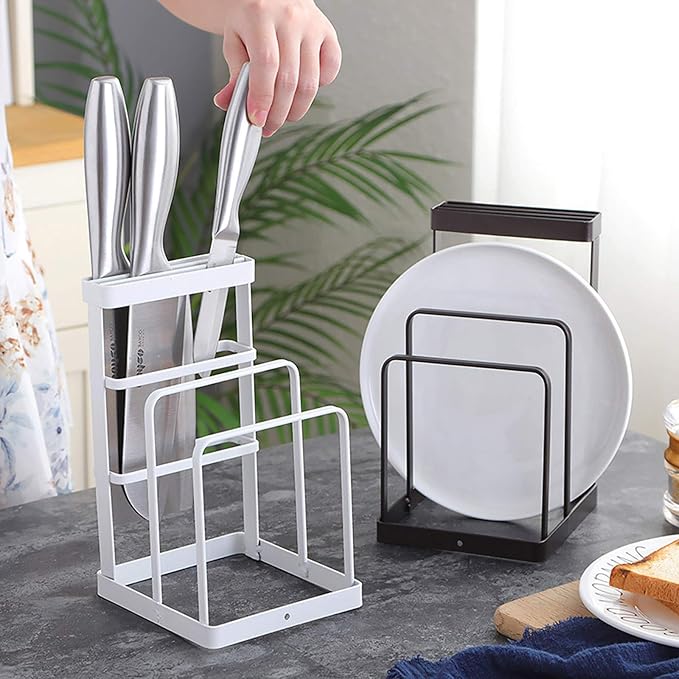 VANRA Metal Knife Block Without Knives, Multifunctional Knife Holder with 2 Layers Cutting Board Rack Dish Rack, Kitchen Storage Organizer,White - Image 6