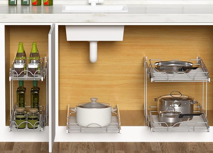 OCG Pull Out Cabinet Organizer 2 Pack (15" W x 21" D), Pull out Shelves 1 Tier, Cabinet Slide Out Shelves for Base Cabinet Organization in Kitchen Bathroom Pantry, Bottom Mount, Chrome Finish - Image 6